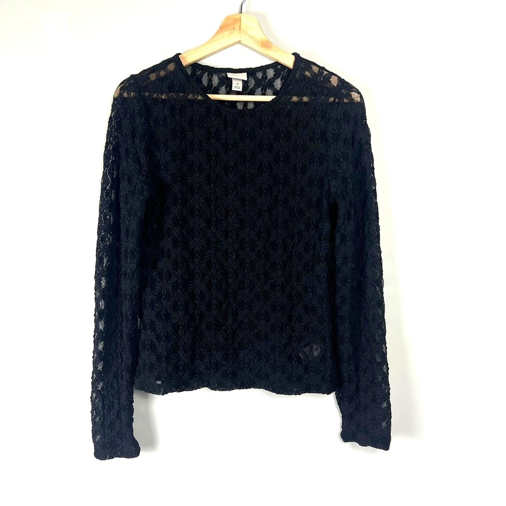 Women Black Floral Lace Long Sleeve Sheer Crew Neck Top M Whimsigoth Gothic Chic